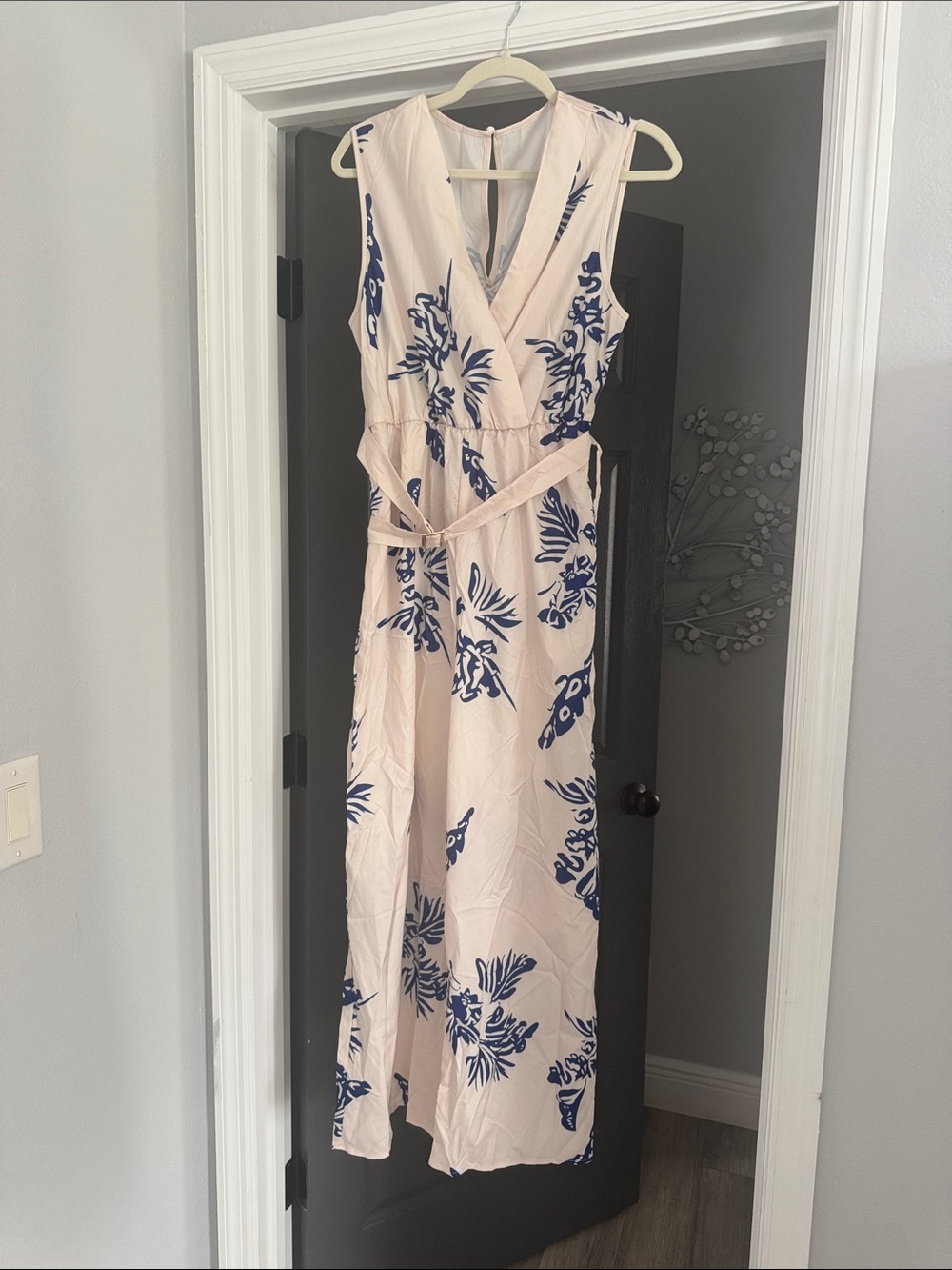 SHEIN Cream Maxi Jumpsuit with Blue Floral Print